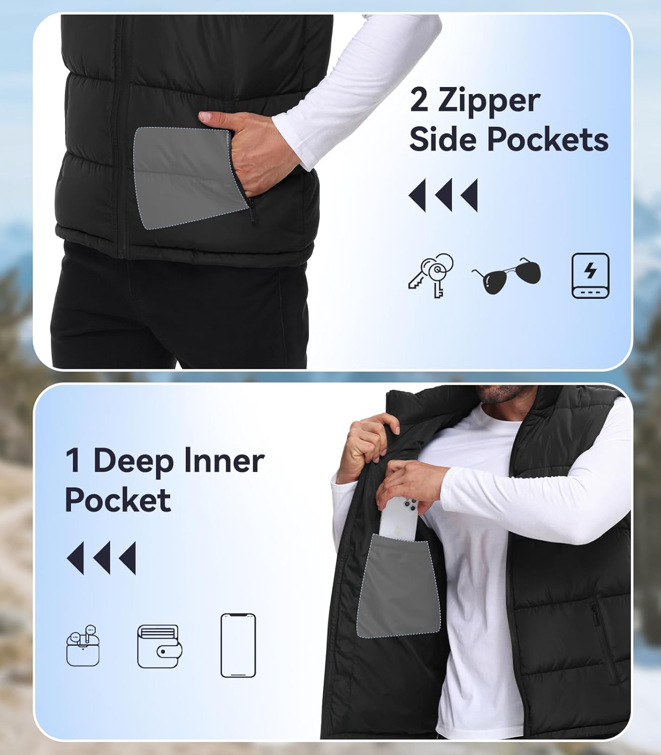 WHN Men's Puffer Vest Outerwear Winter Zipper Quilted Puffy Sleeveless Jacket Outdoor Size M to XXL - Image 4