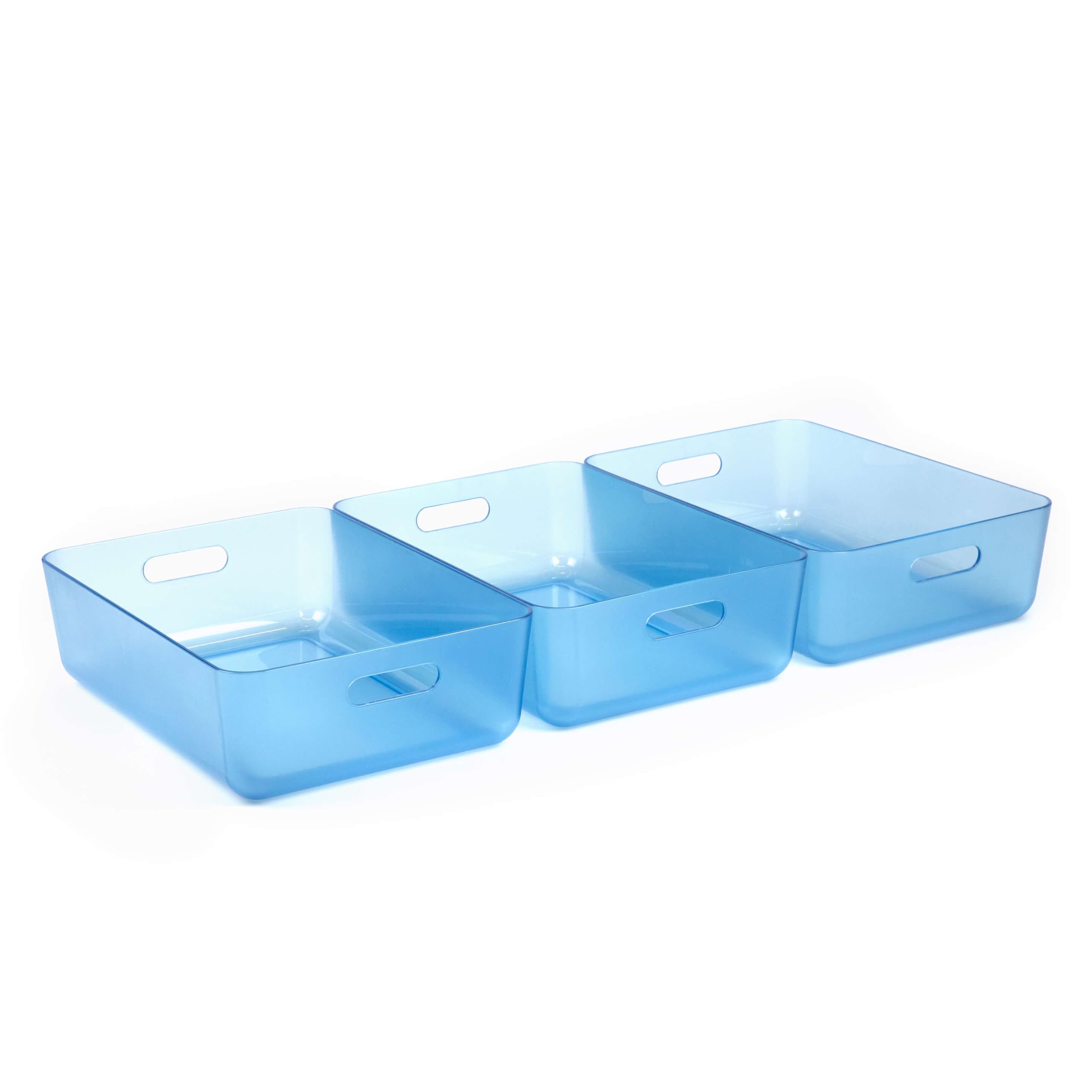 Three by Three Seattle Restak Recycled Storage Medium Short Bin Set of 3 | Eco-Friendly, Durable & Space-Saving Bins for Home or Office, Translucent Blue Medium Short Translucent Blue