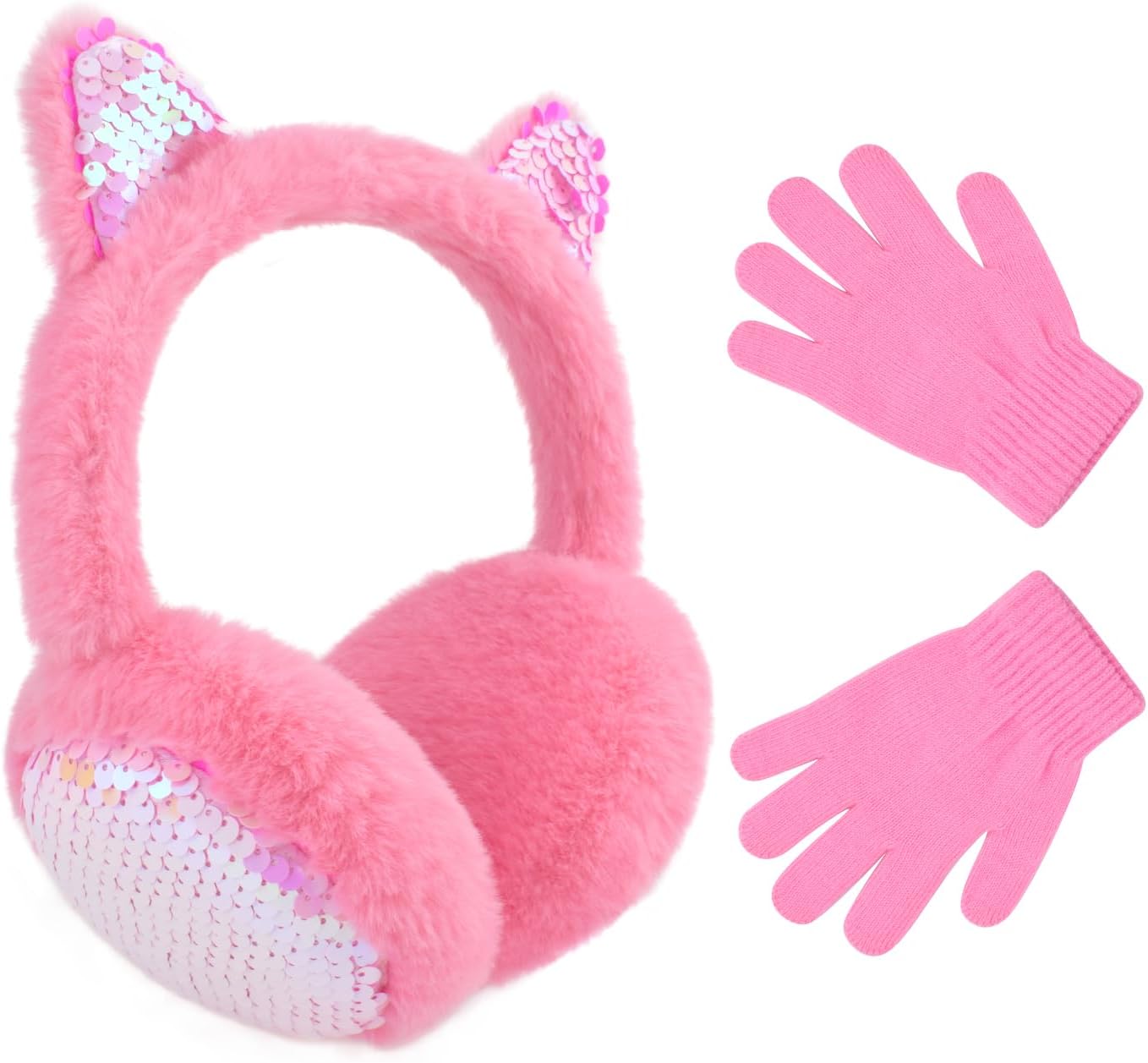 Winter Ear Muffs Gloves Set for Kids with Adjustable Sequins Shiny Fluffy Warm Earmuffs for Kids Outdoor Cold Weather