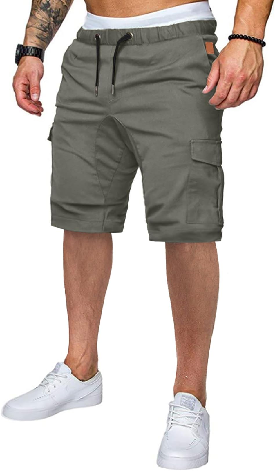 Mens Casual Cargo Shorts - Cotton Drawstring Stretch Summer Beach Shorts Twill Chino Short with 6 Pockets