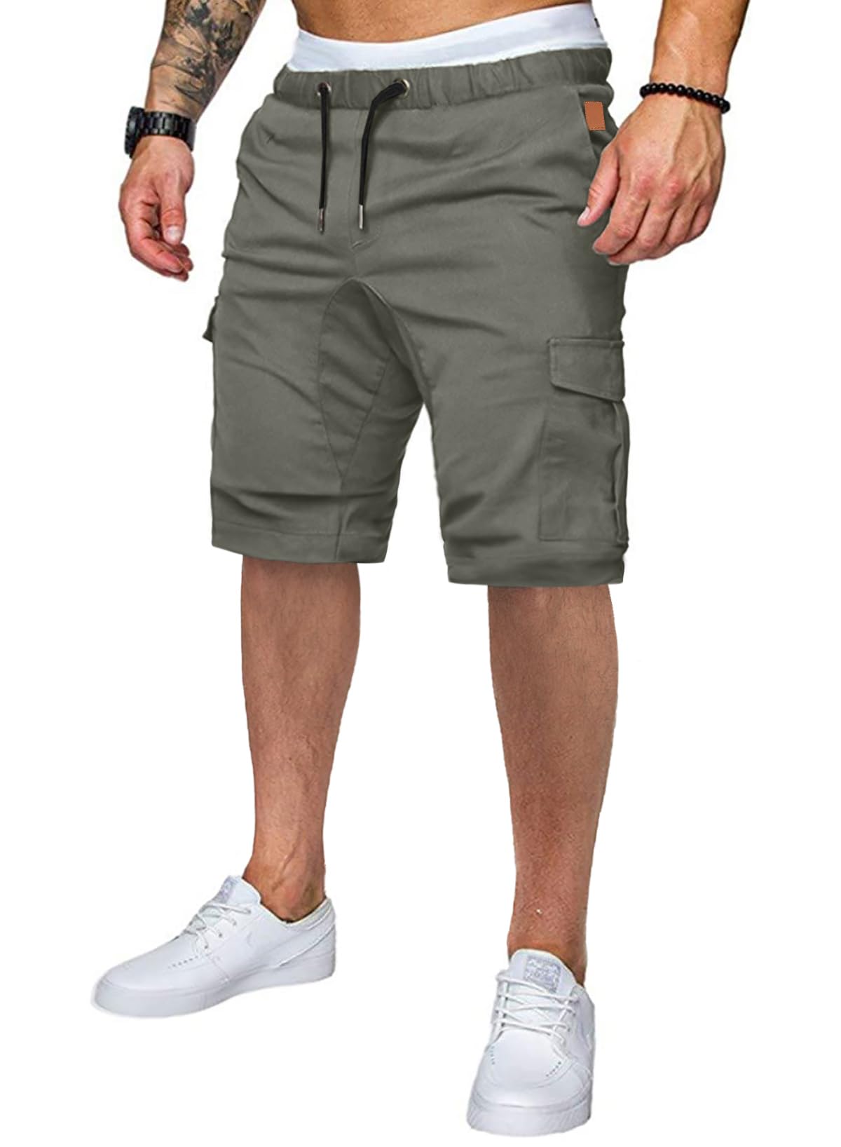 Mens Casual Cargo Shorts - Cotton Drawstring Stretch Summer Beach Shorts Twill Chino Short with 6 Pockets