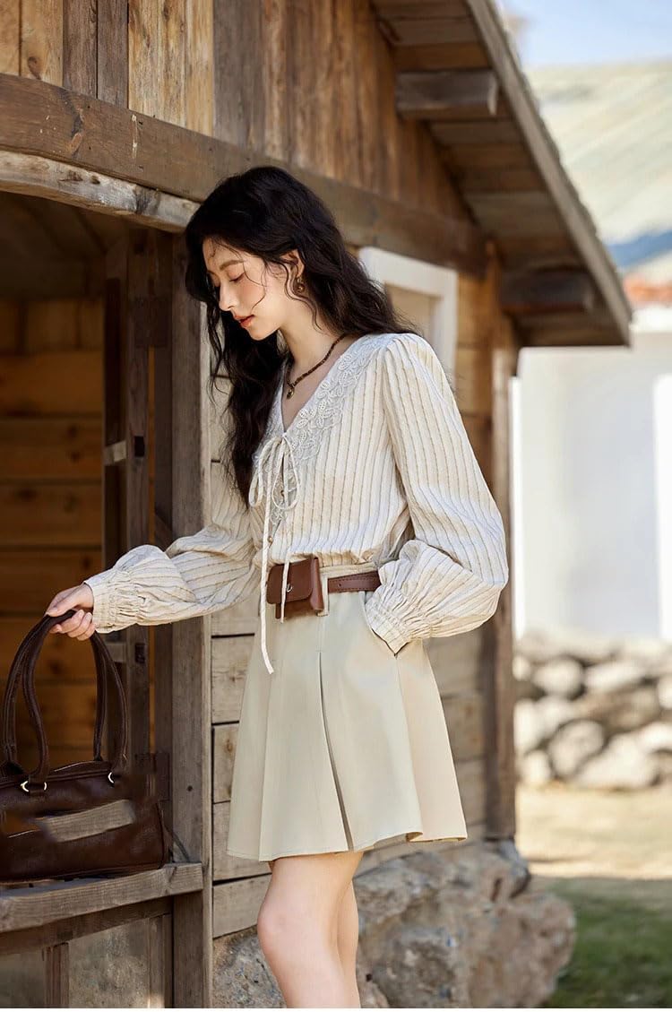 Retro V-Neck Lace-Up Striped Shirt for Women, Spring Lace Long Sleeve Top Casual Shirts for Woman