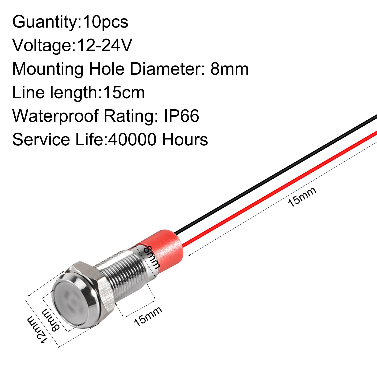 Joycabin 10 luci LED in metallo da 8 mm, con cavo da 15 cm, impermeabili, AC/DC, 12 – 24 V, per moto, furgoni, barche, auto (giallo, verde, blu, rosso, bianco)