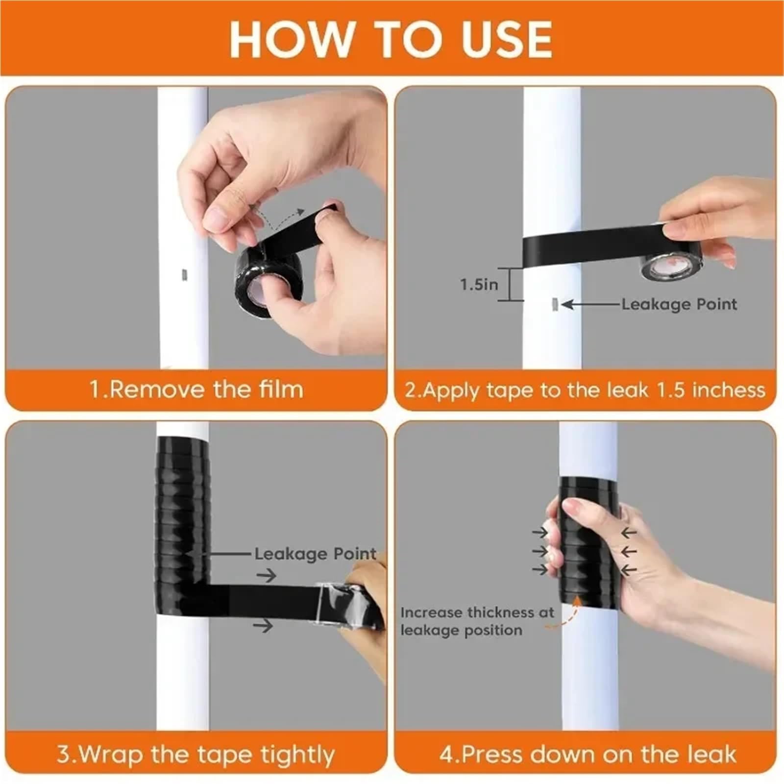 Cinta aislante de caucho de silicona autofusible, Cinta de manguera de silicona autofundible, 0,5 mm, 10 rollos, negro/blanco, 1 pulgada x 10 pies(Black)