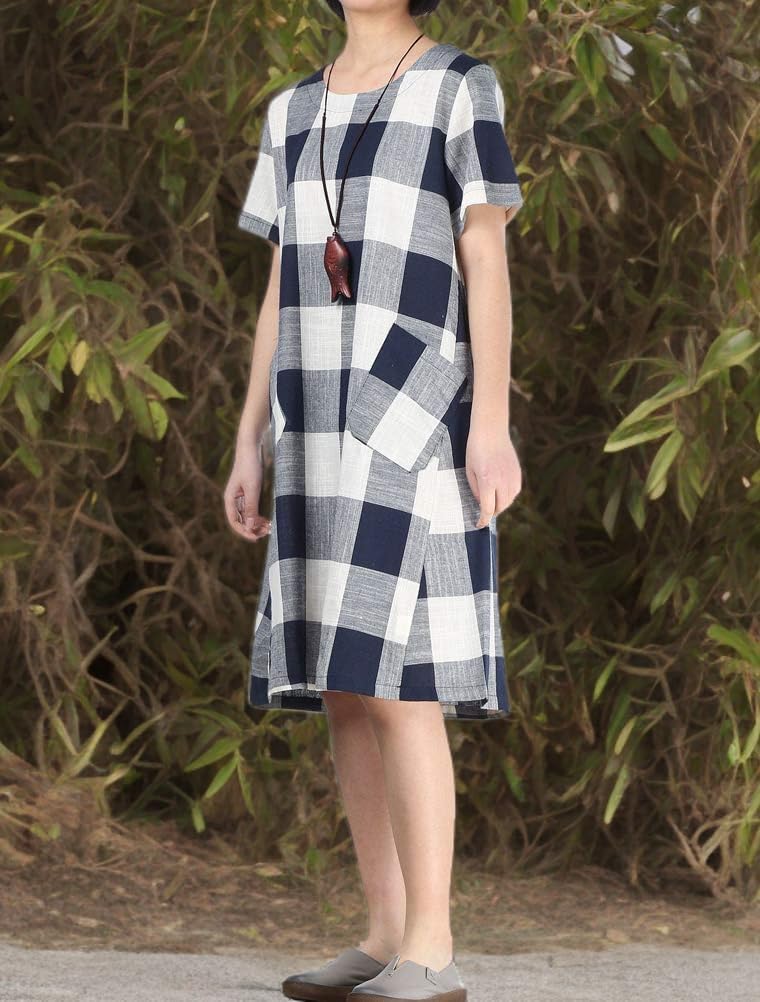 FTCayanz Women's Linen Shirt Dresses Summer Casual Short Sleeve Plaid Tunic Midi Dress - Image 5