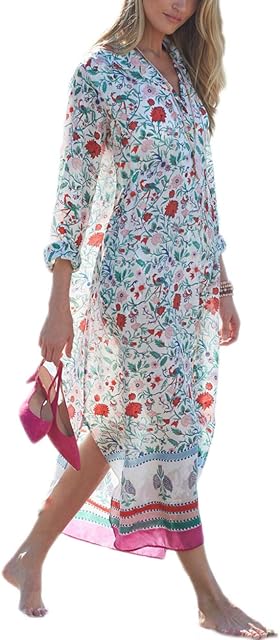 Bsubseach Women Plaid Short Sleeve Swimsuit Cover Up Sexy Deep V Neck Side Slit Beach Long Dress