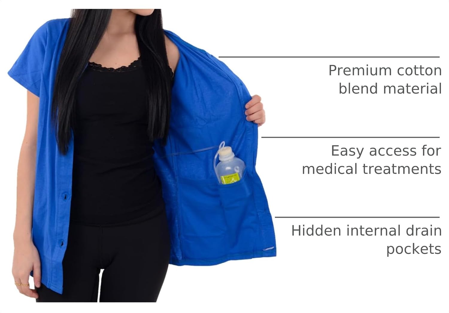 USBD Crew Neck Post Mastectomy Shirt with Drain Pockets Recovery Top