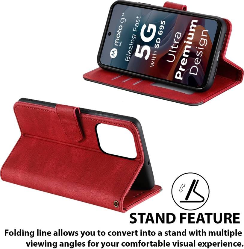 Image of Flip Cover Compatible for Moto G45 5G, Moto G34 5G, Motorola G45 5G, Motorola G34 5G flip Cover - Attractiv Red