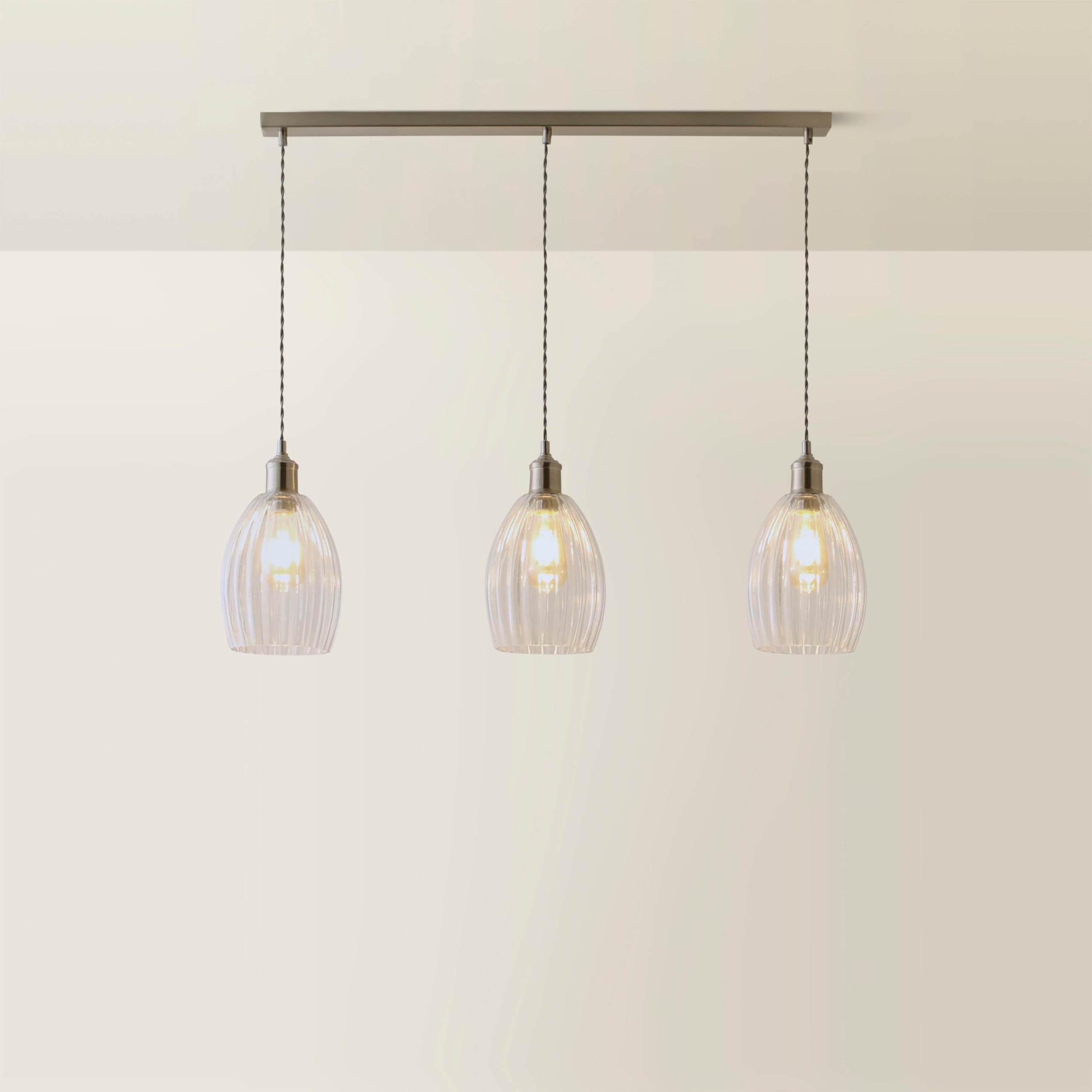 ValueLights | Cheltenham Brushed Chrome Clear Ribbed Glass 3 Drop Bar Diner Ceiling Light | Ceiling Lights, Home Décor & Improvement Essential | Mains Wired