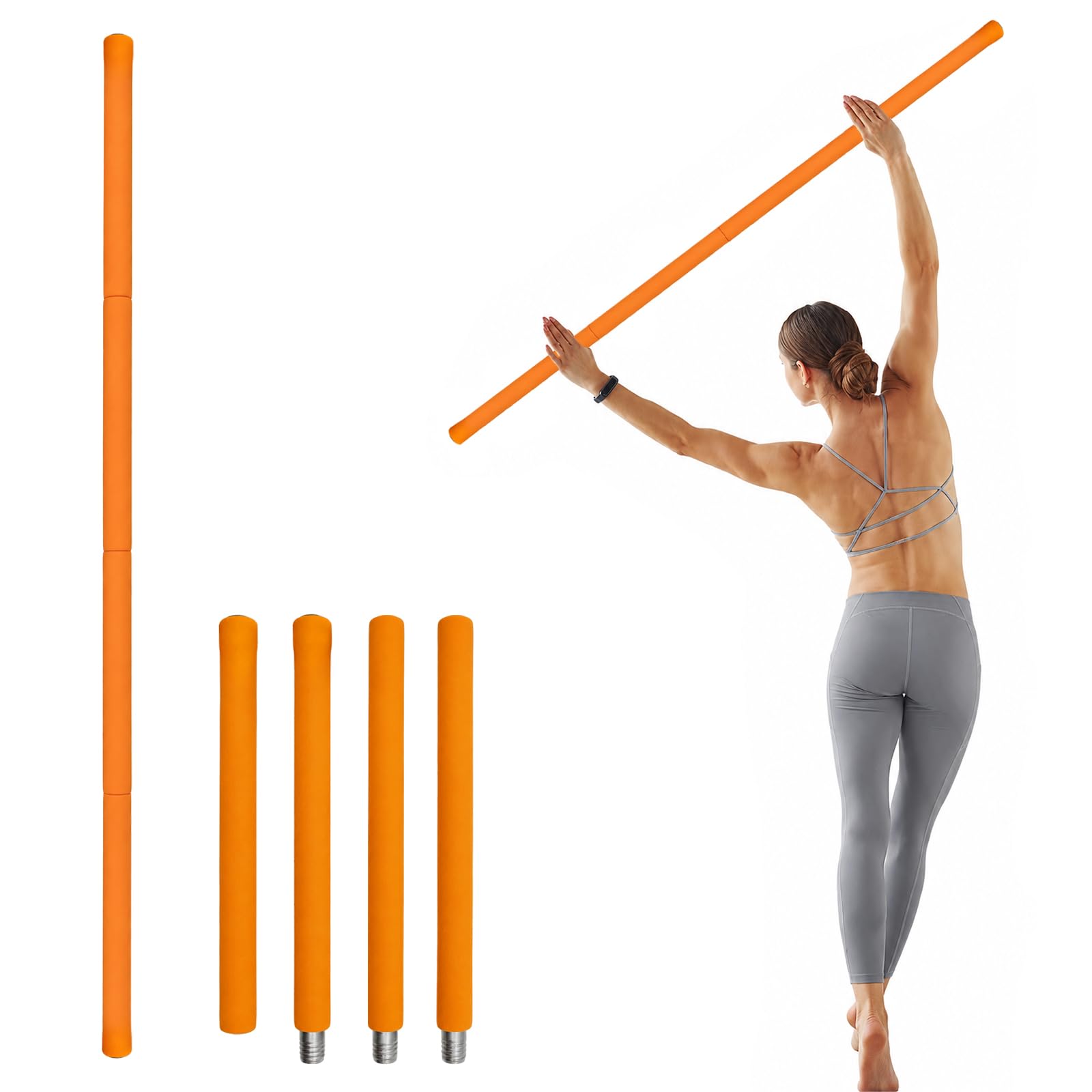 Yoga Stick 5ft, Adjustable 4 Section Stainless Steel Stretching Stick with Foam Handles, Portable Mobility Bar for Flexibility, Balance, Posture Improvement, Yoga, Pilates & Home Fitness