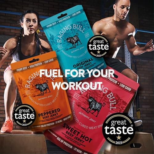 Raging Bull Beef Jerky 420g - 15 x 28g Variety Box - Mixed Flavours Grass Fed Beef Jerky - High Protein Snacks - MSG Free Carnivore Snacks - Keto Snacks - Natural Meat Beef Stips - Low Calorie Snacks