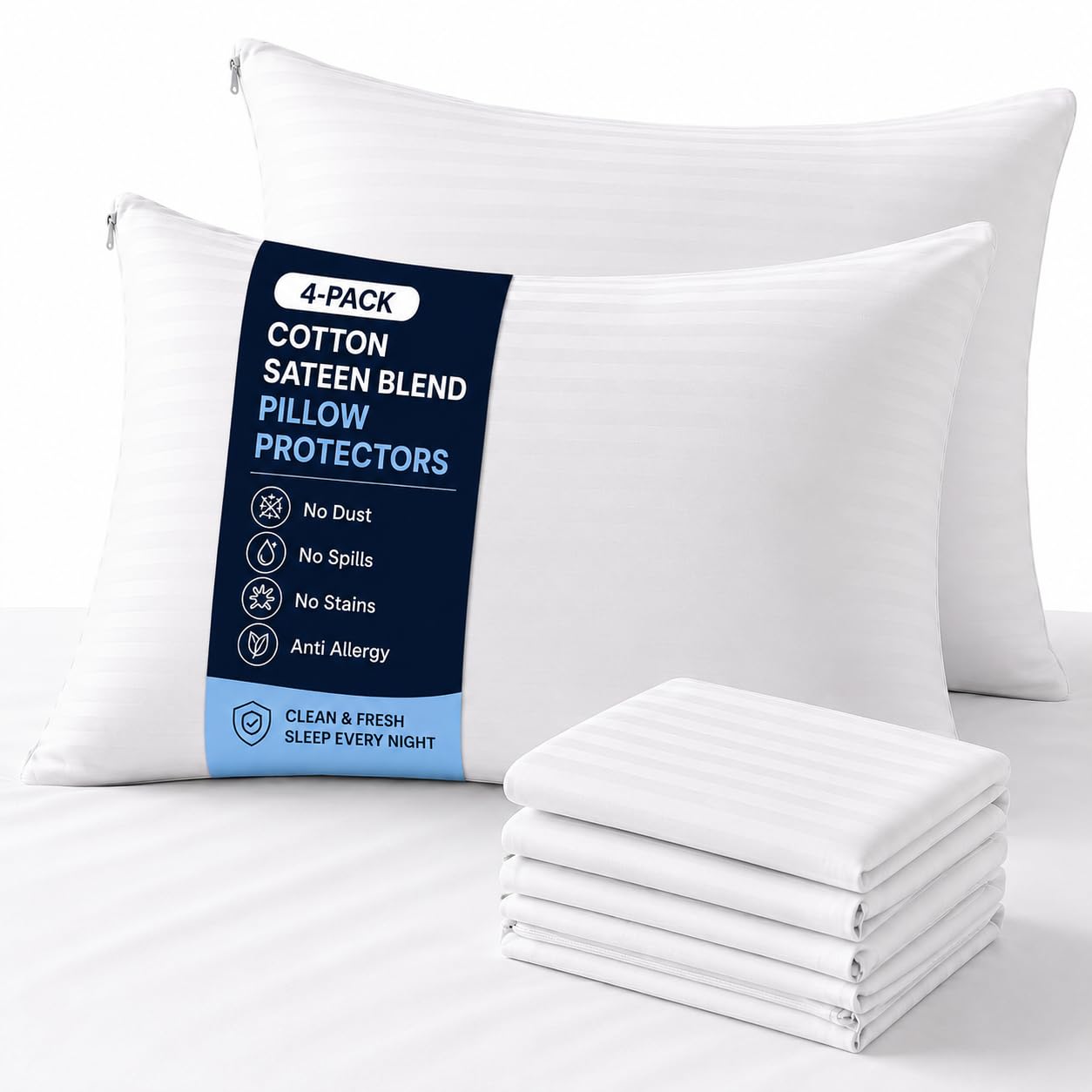 Pillow Protectors 4 Pack Zipped 50x75cm – Cotton Sateen Anti Allergy Pillow Cases, Feather Proof & Dust Mite Barrier, Breathable Hotel Quality, Standard Size