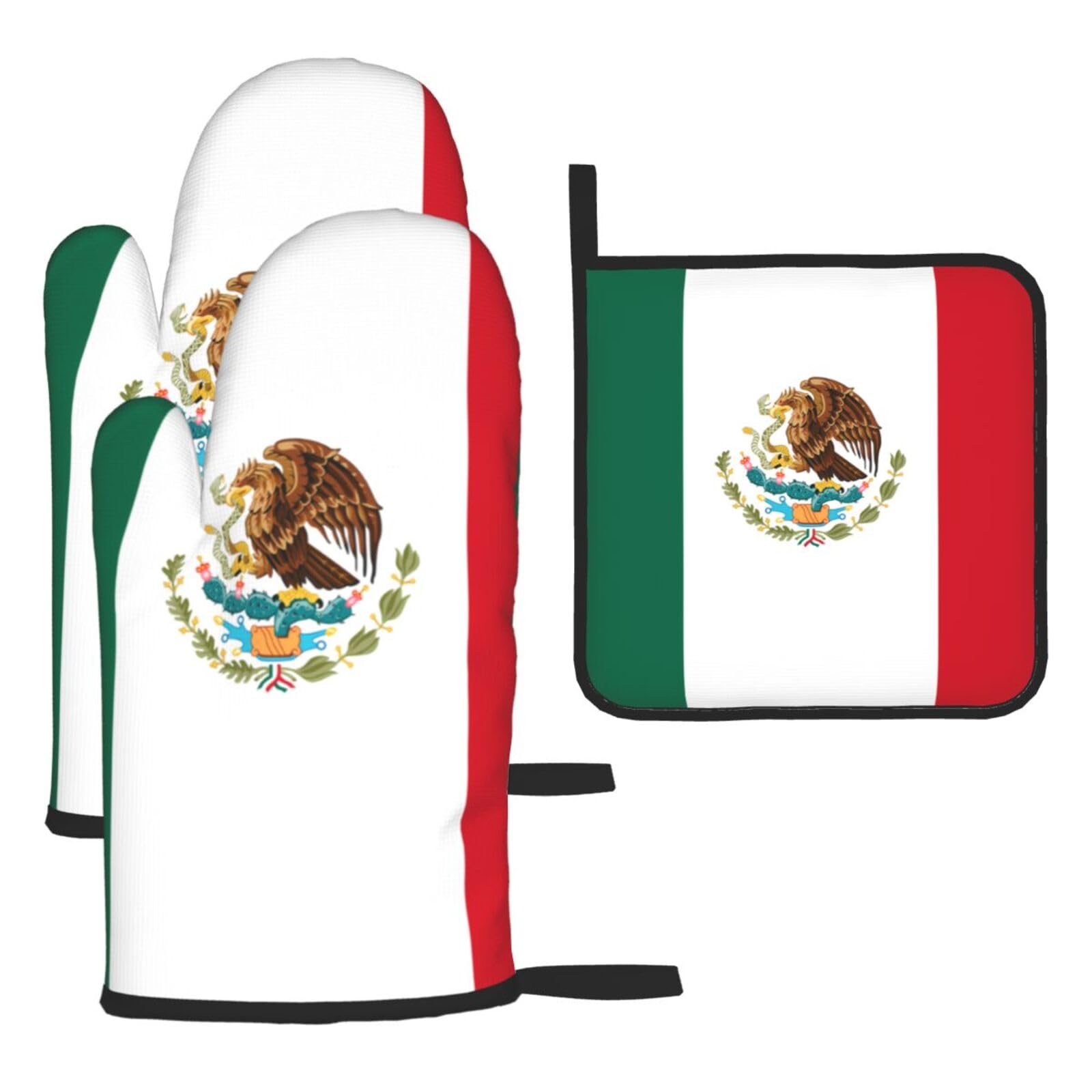 Flag of Mexico Oven mittens and oven mitts three-piece set suitable for oven, grilling, baking, microwave and home cooking.