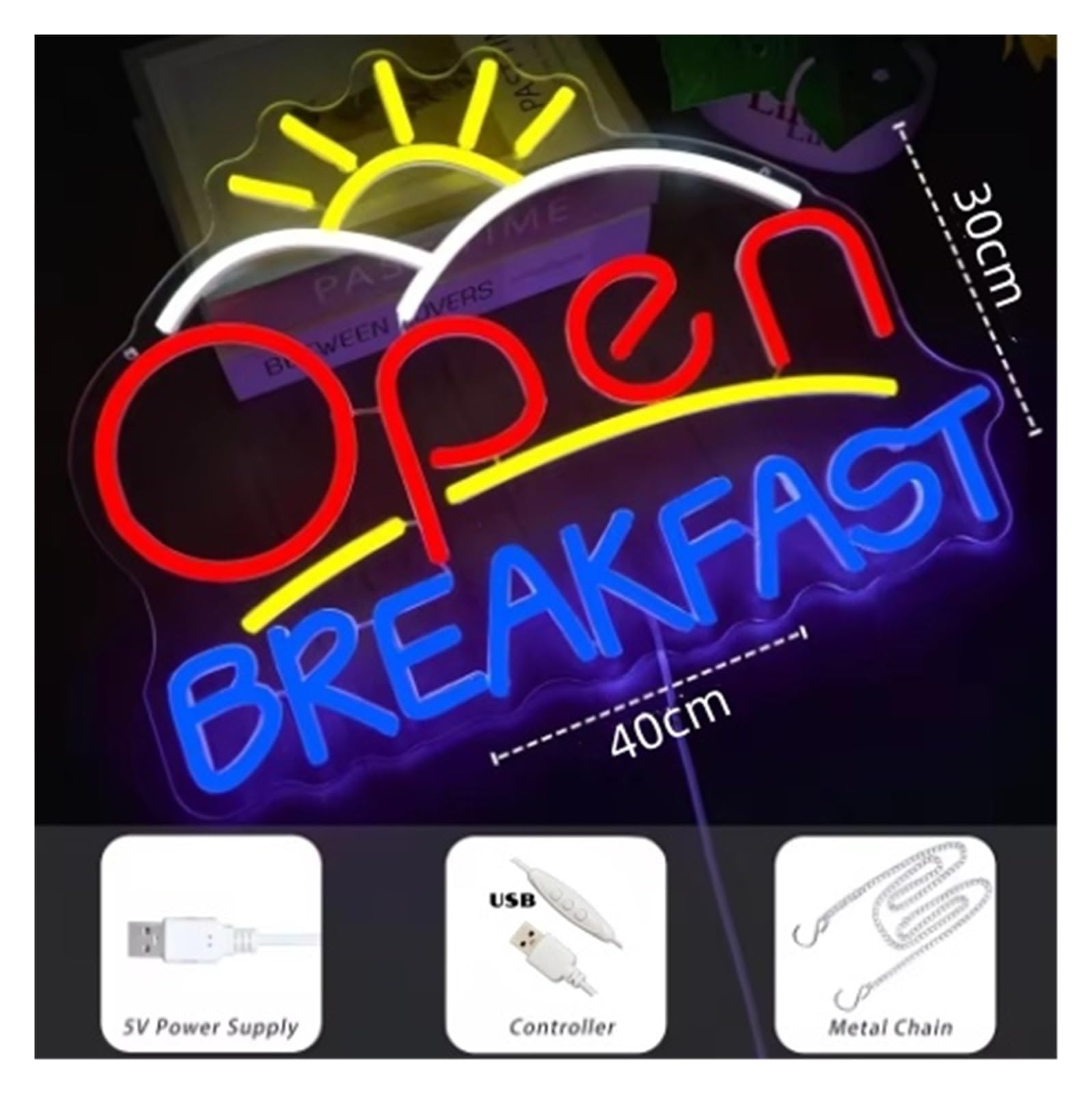 Hängende Kunst Leuchtreklamen Neonschild „Open Breakfast“, Dimmbares USB-Licht Für Wanddekoration, Gastronomie, Restaurant, Diner, Heimküche, 40x30cm