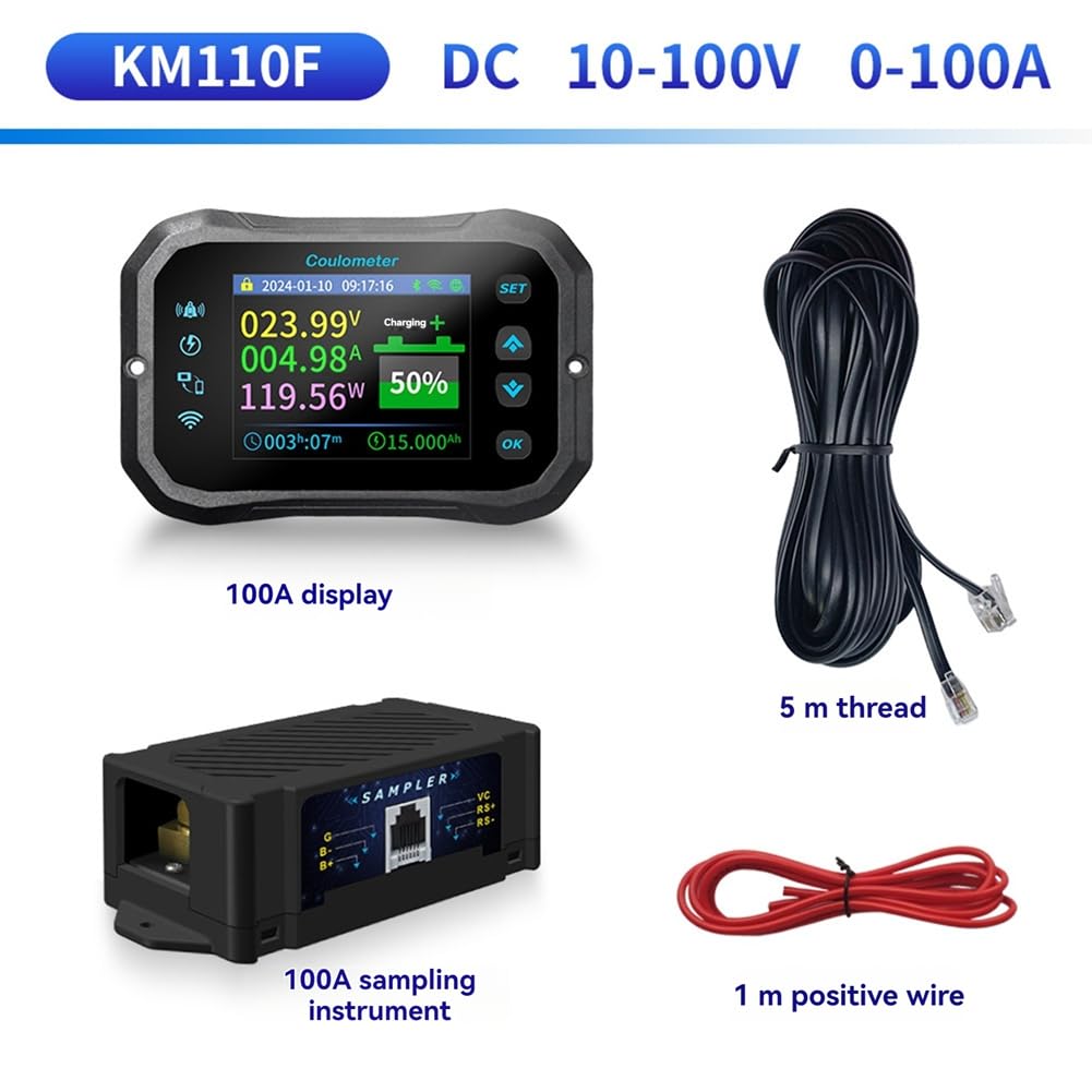 Booso Medidor Culombio KM110F con WiFi, Detección Corriente Bidireccional Alta Precisión, Muestra la Potencia del Voltaje la Batería para Vehículos Recreativos y Vehículos Eléctricos