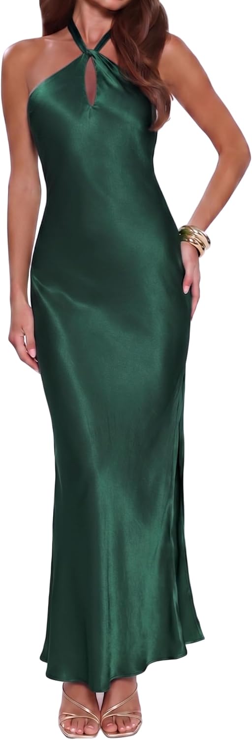 Gmeitoey 2026 Women's Satin Maxi Dress Halter Neck Backless Sleeveless Slit Elegant Formal Bridesmaid Wedding Guest Dresses