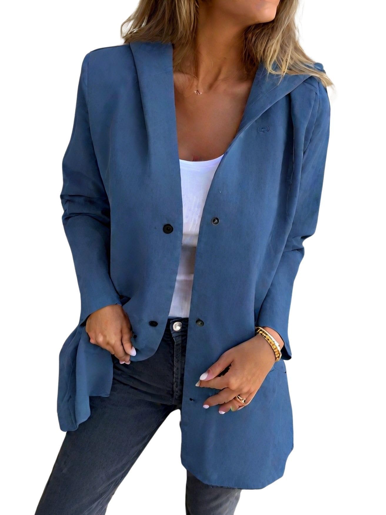 HOTYD Womens Solid Casual Single Breasted Hooded Jacket Button Long Sleeve Trench Coat with Pockets Fashion Fall Winter