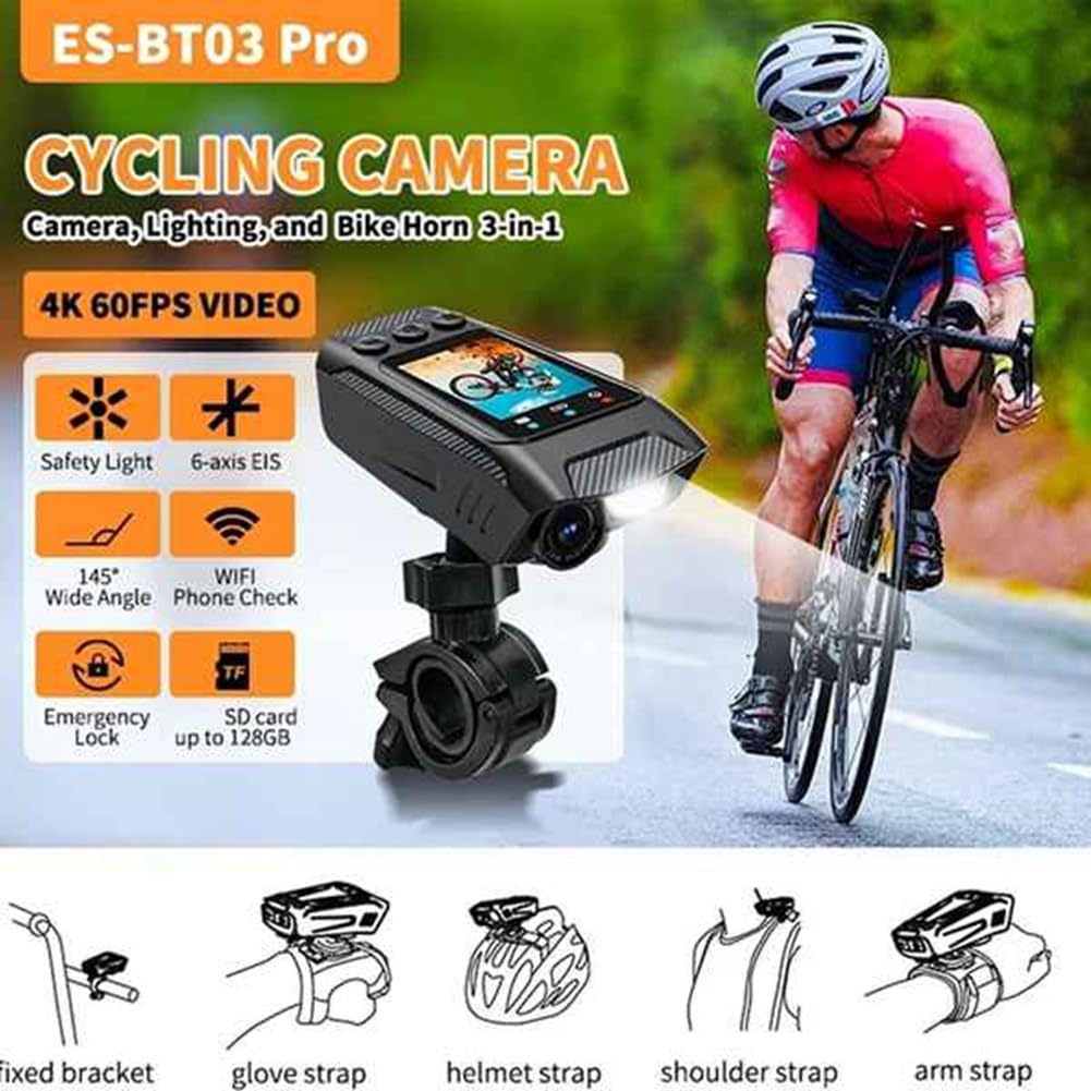 4K 60FPS Multifunktionale Fahrradkamera Regenfest 2,0 IPS Bildschirm WiFi Verbindung mit LED Taschenlampe Fahrradhupe