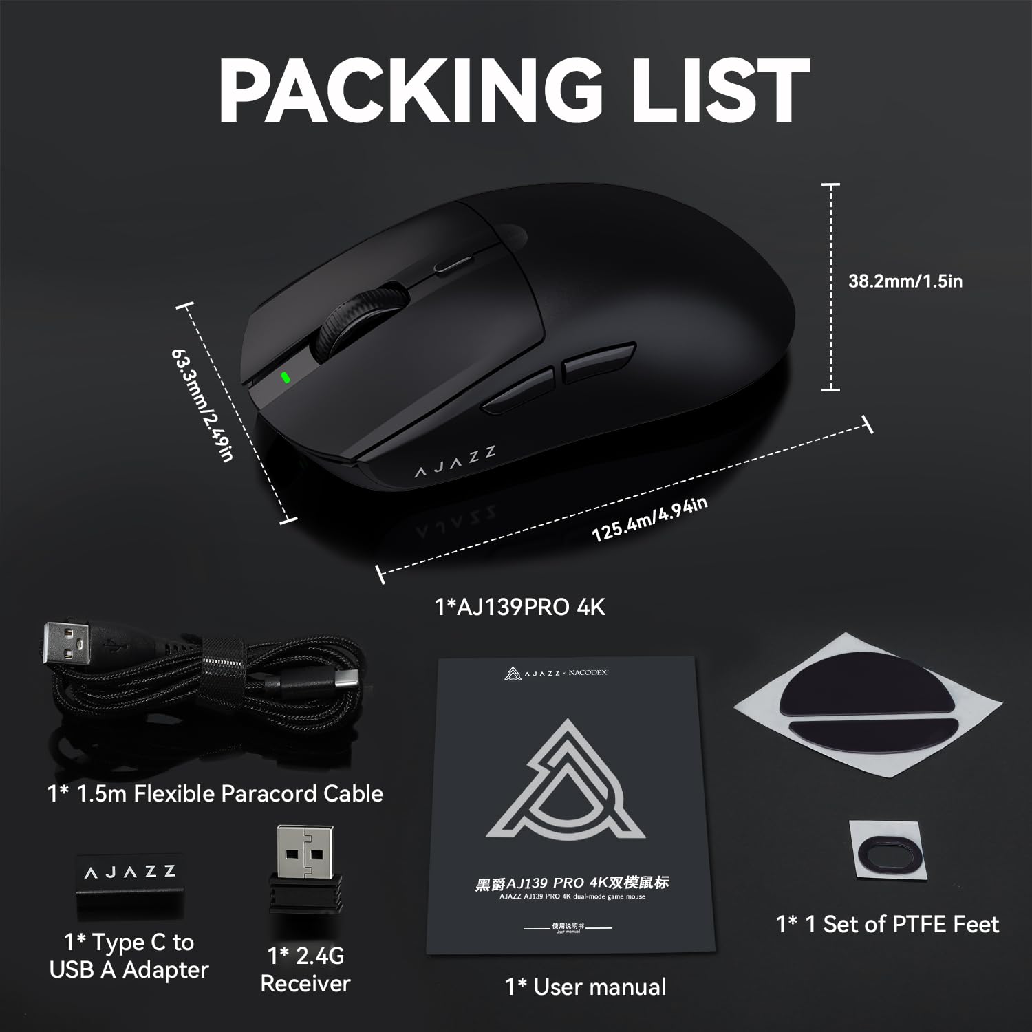 ATTACK SHARK AJAZZ AJ139PRO Ratón inalámbrico para Juegos 4K, Ultraligero (65g), Sensor PAW3395, 26000 dpi, 4KHz, 2,4 GHz/USB C con Cable, 6 Botones de Programa, batería de 700 h, PC/Mac - Negro