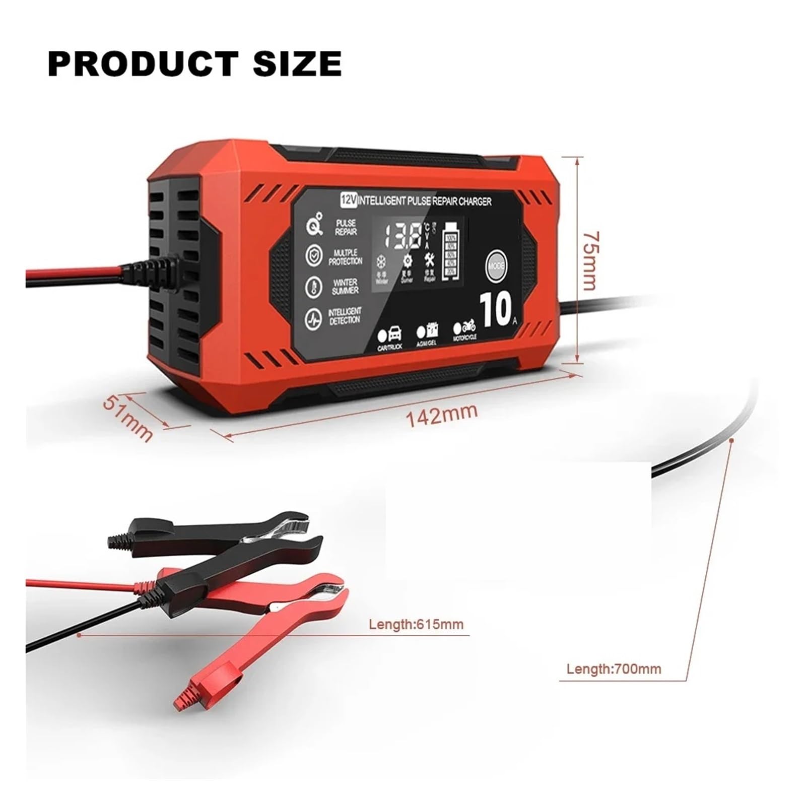 Ładowarka Samochodowa 12V 10A Urządzenie Do Ładowania Akumulatora Motocykla Samochodowego Akumulator Kwasowo-ołowiowy Inteligentna Naprawa Wyświetlacza LCD Wydajne Szybkie ładowanie