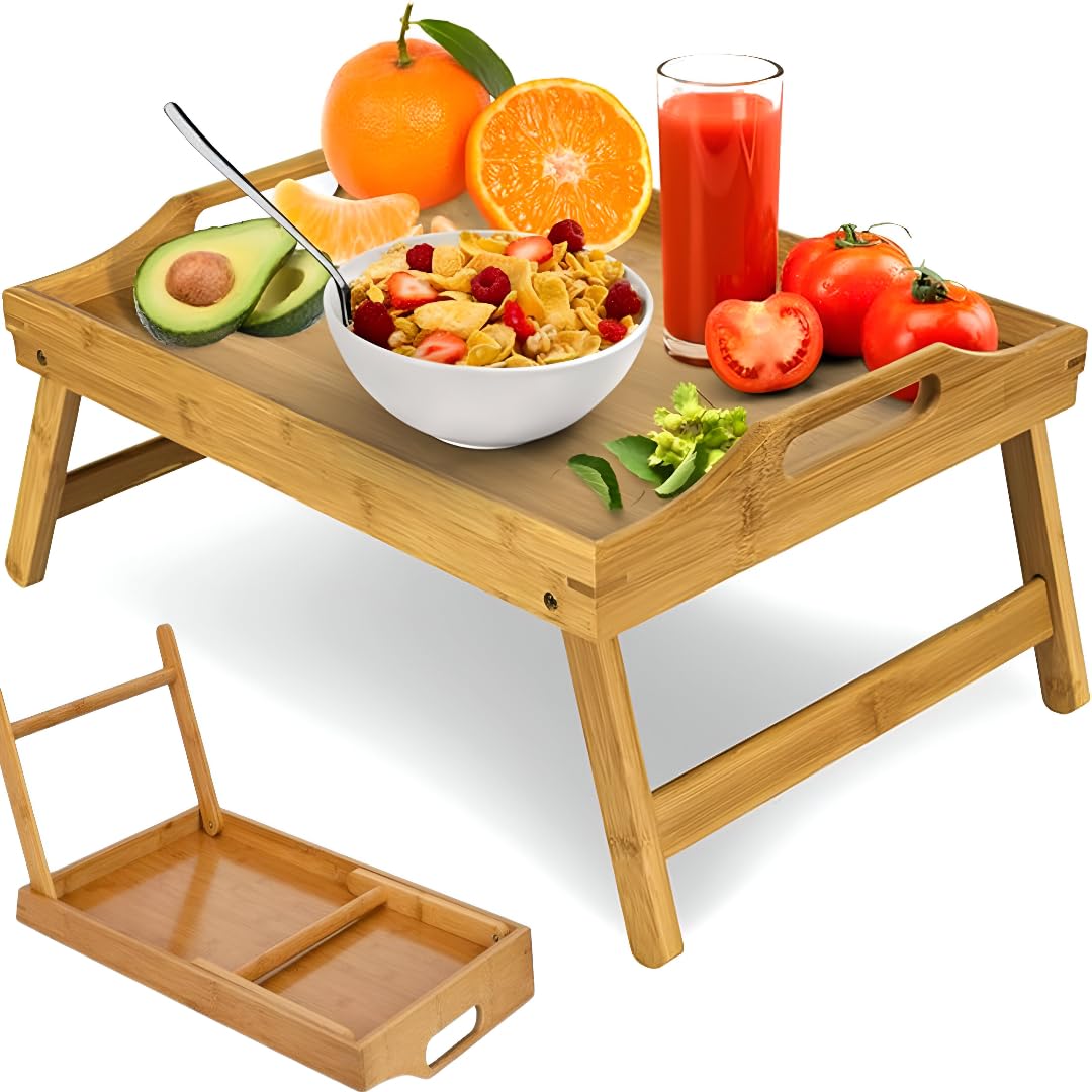 Ntek Wood Premium Bamboo Bed Tray Table With Foldable Legs & Handles – Multipurpose Breakfast In Bed Tray, Lap Desk For Sofa, Eating, Laptop, Serving & Snack Table – Natural En Finish (Wood)