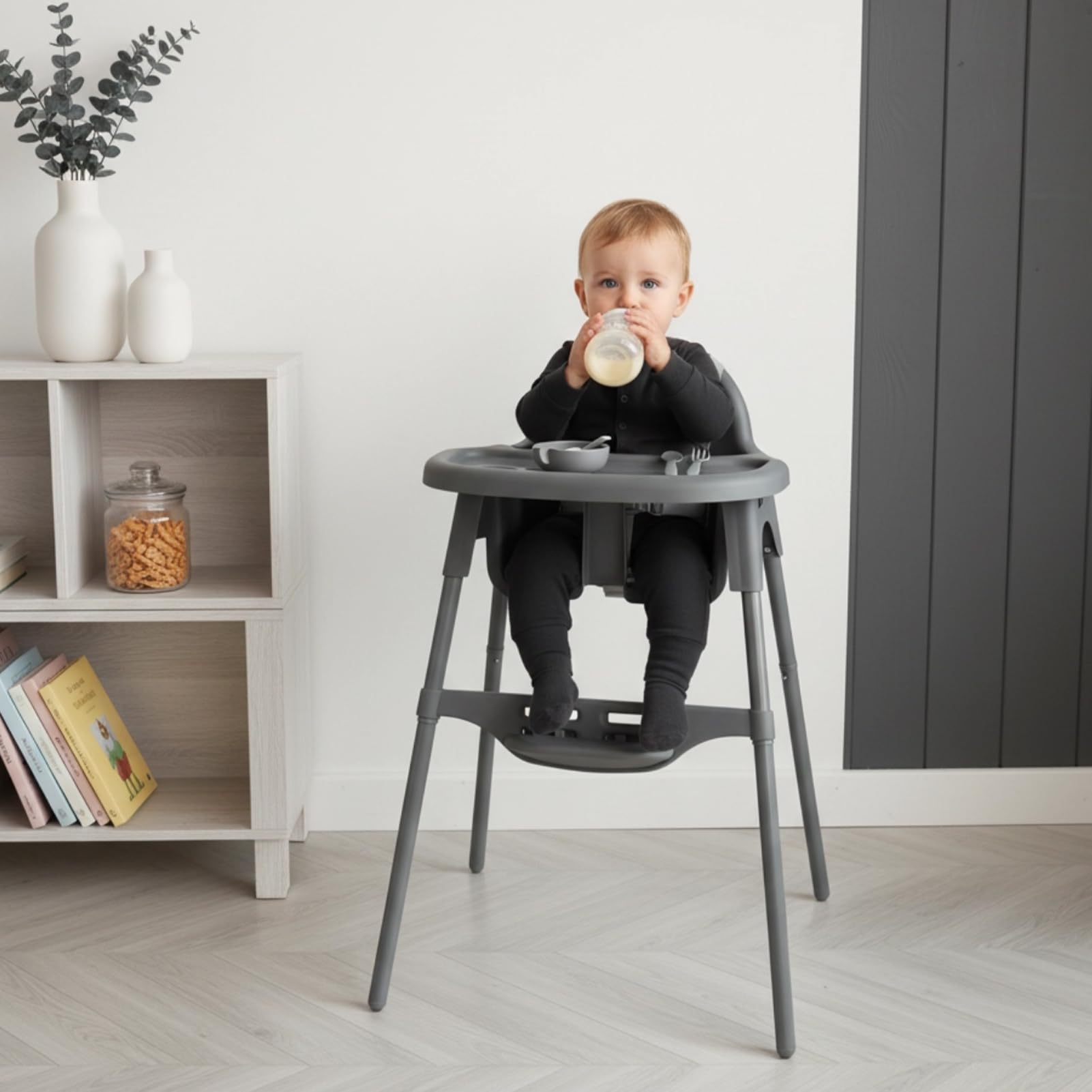 YALION Kinderhochstuhl, Höhenverstellbarer Hochstuhl mit Tablett, Baby Essstuhl für Babys & Kleinkinder von 6-36 Monaten, max. 15 kg, Grau