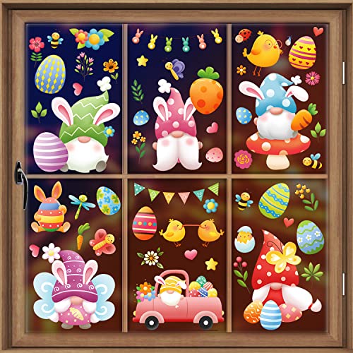 AhfuLife Easter Window Cling 66 Pcs, 9 Sheets Larger Easter Gnomes Window Stickers, Bunny Window Stickers and Eggs Spring Window Cling for Home, Office, School Party Decoration Supplies