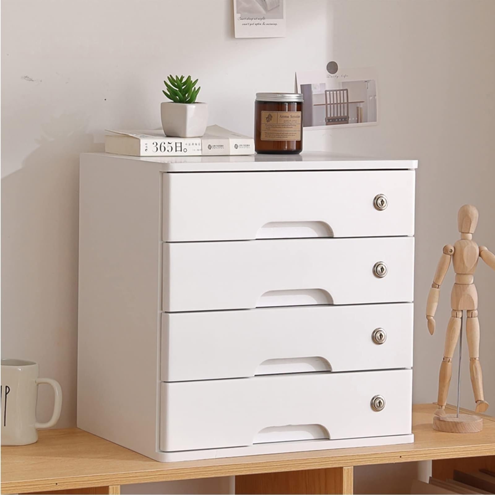 Archivador de escritorio de madera con 4 niveles con cerradura, suministros de oficina, elegante sistema de cajones multicapa para un almacenamiento eficiente en el escritorio (blanco)