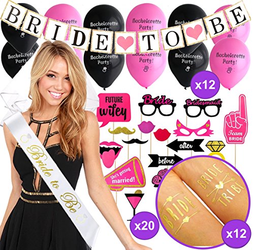 BACHELORETTE PARTY DECORATIONS KIT | Bride To Be Bridal Wedding Shower Set | Sash Veil/Comb Banner Bride Tribe Tattoos Photo Booth Props Balloons | Wedding Engagement Party Supplies Accessories