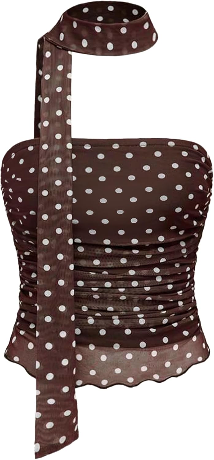 Ammiko Women's Polka Dots Mesh Tube Tops Strapless Leopard Print Y2k Ruched Bandeau Top with Scarf Going Out Party