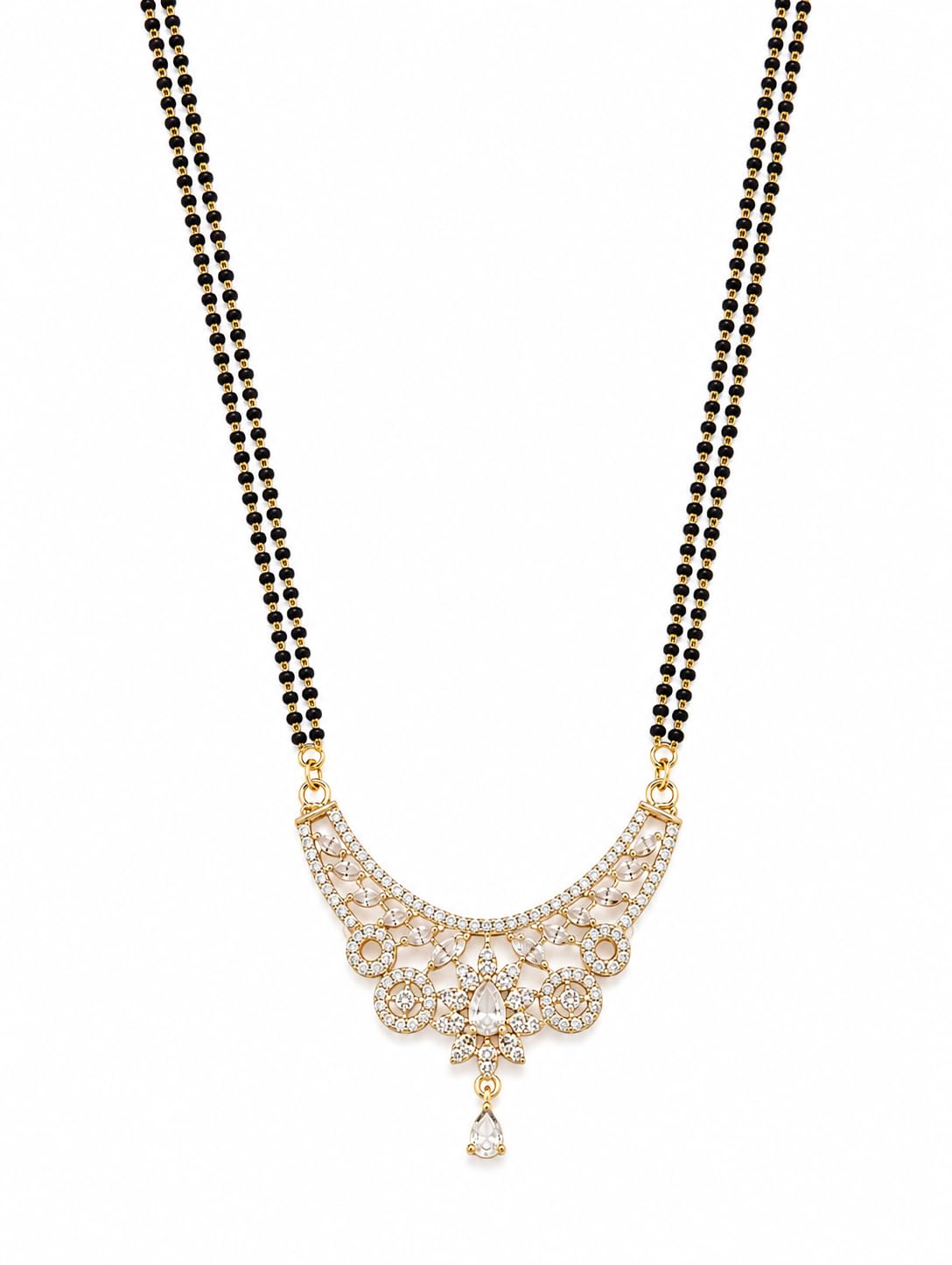 Double Layer Black Beads Mangalsutra for Women | Gold Plated Rose Gold AD CZ Diamond Floral Pendant | Long Chain Daily Wear Traditional Indian Jewellery | Gift for Wife | Artificial Black Bead Necklace-image-25