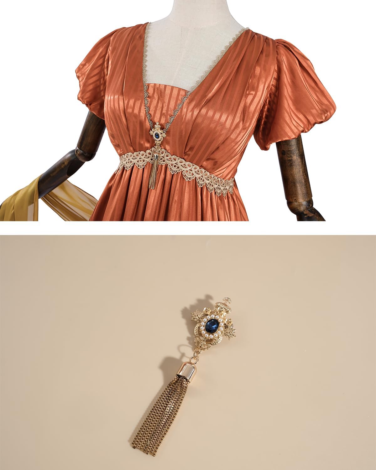 FCCAM Regency Dresses for Women Empire Waist 1800s Victorian Dress Ball Gown with Shawl - Image 5