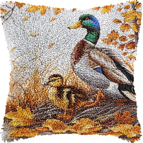 Image of Wild Duck Mallard Latch Hook Kits Pillow Color Printed Cushion Crochet Yarn Needlework DIY Hook Latch Kit Pillowcase Rug Cover Home Sofa Christmas Decor 43x43cm