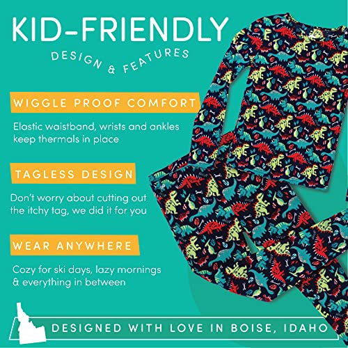 Lone Cone Kids Thermal Underwear Set, Super Comfy Girls & Boys Thermal Underwear Set With Fleece Lined Top And Bottom Matching Set In Fun Patterns For Toddlers And Kids, Large, Dino #TOP1