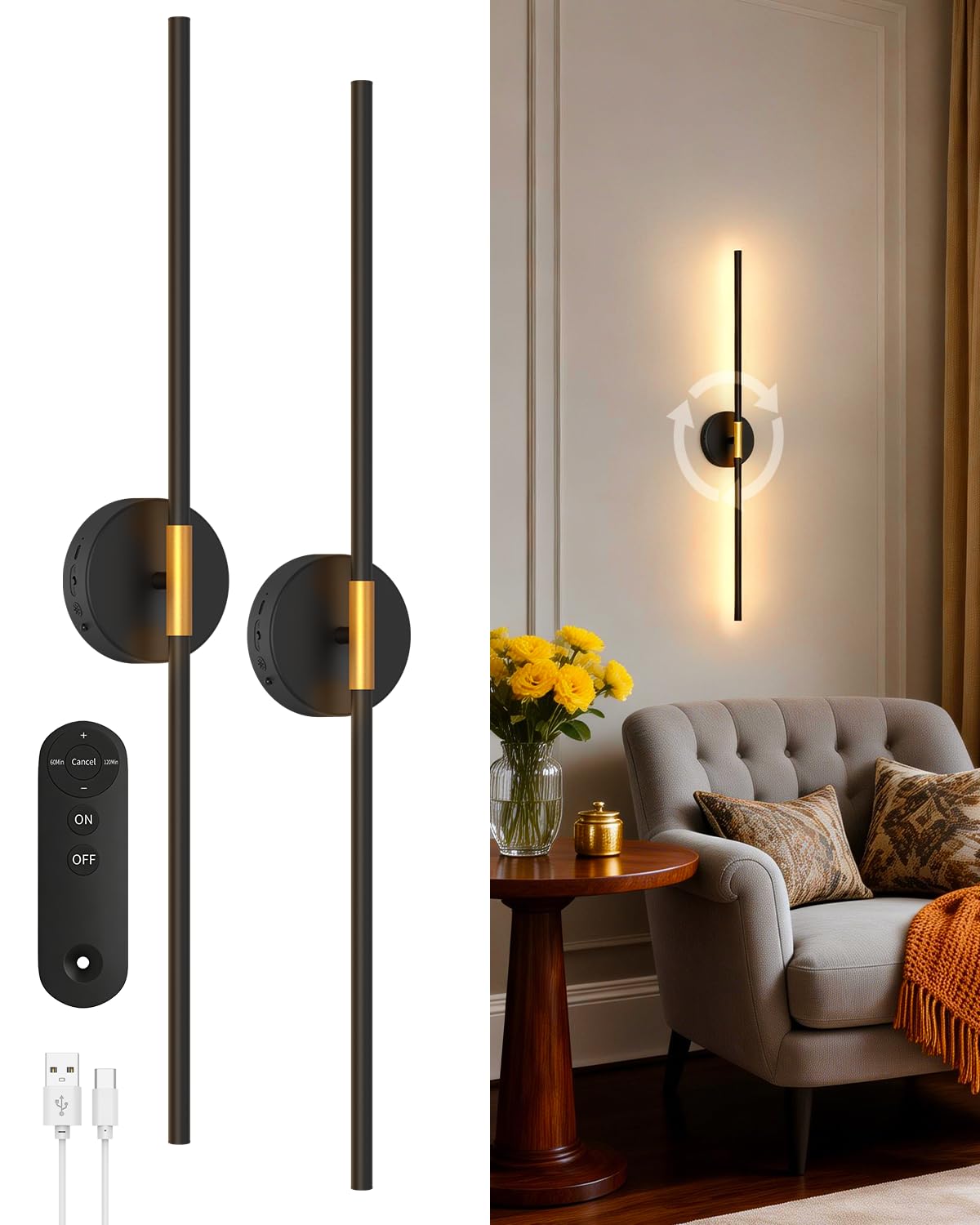 Akku Wandleuchte Innen - Lang 72cm 6500mAh Dimmbar Warmweiß Wandlampe - USB Aufladbare Wandleuchte Inne Ohne Stromanschluss mit Fernbedienung und Timer für Wohnzimmer Schlafzimmer [2 Stück,Schwarz]