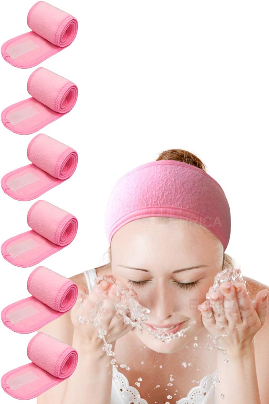EUICAE Spa Headband Pack of 6 All Pink Sweat Head Towels - Non-slip, Stretchable, Washable Makeup Headbands for Face Wash, Facial Treatment, Sports