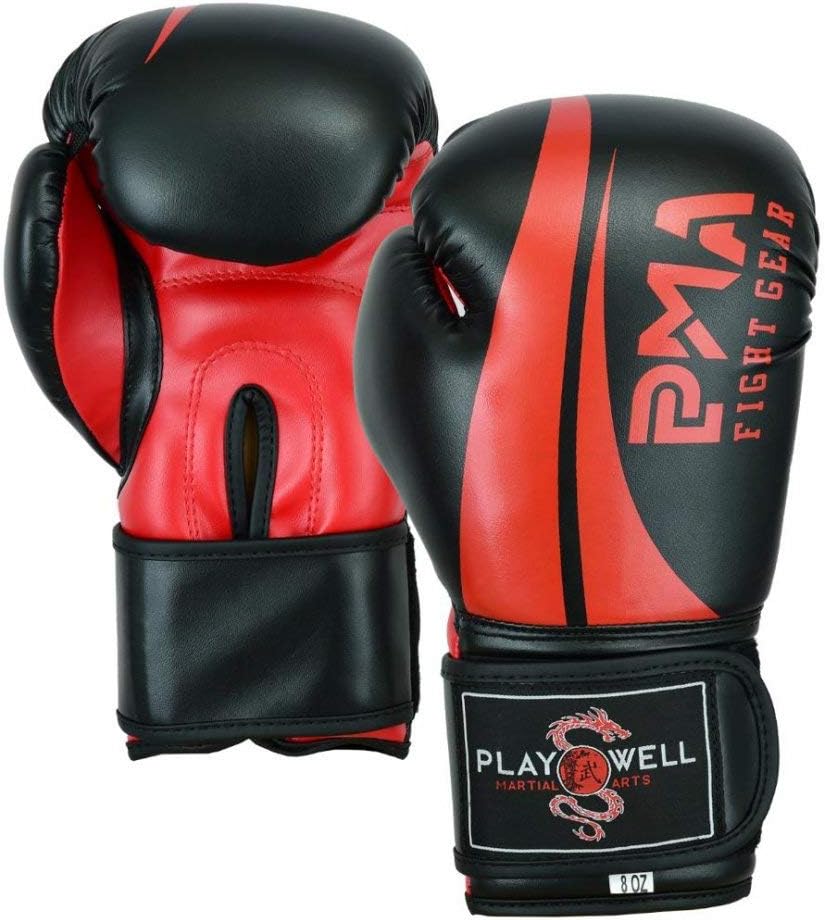 Playwell PMA Childrens Elite Black/Red Vinyl Boxing Gloves - New (4oz)