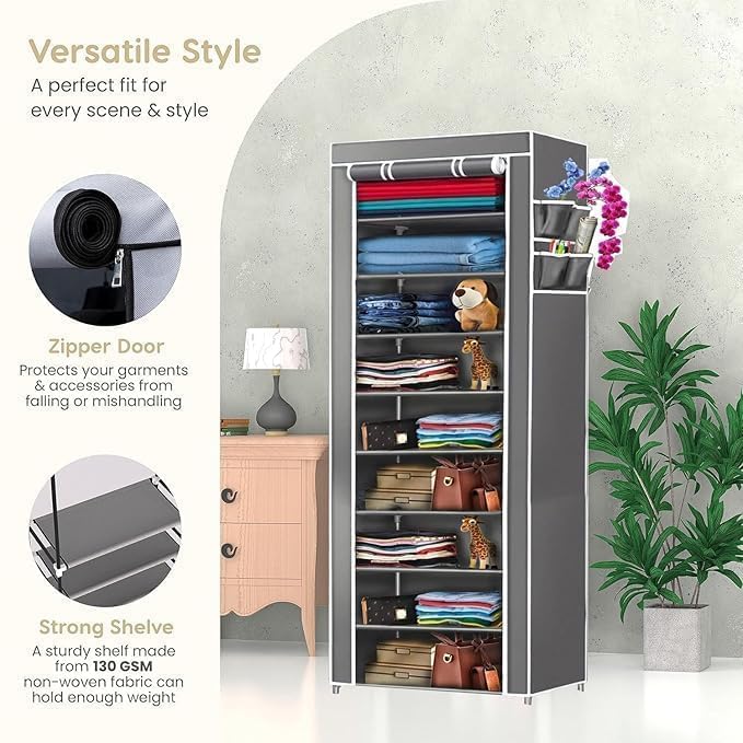 Image of AWTATOS Multipurpose Collapsible Wardrobe Cabinet | Foldable Fabric Organizer with 6-9 Shelves | Portable Clothes Storage Rack for Bedroom, Home & Office (Gray, 6 Layer)