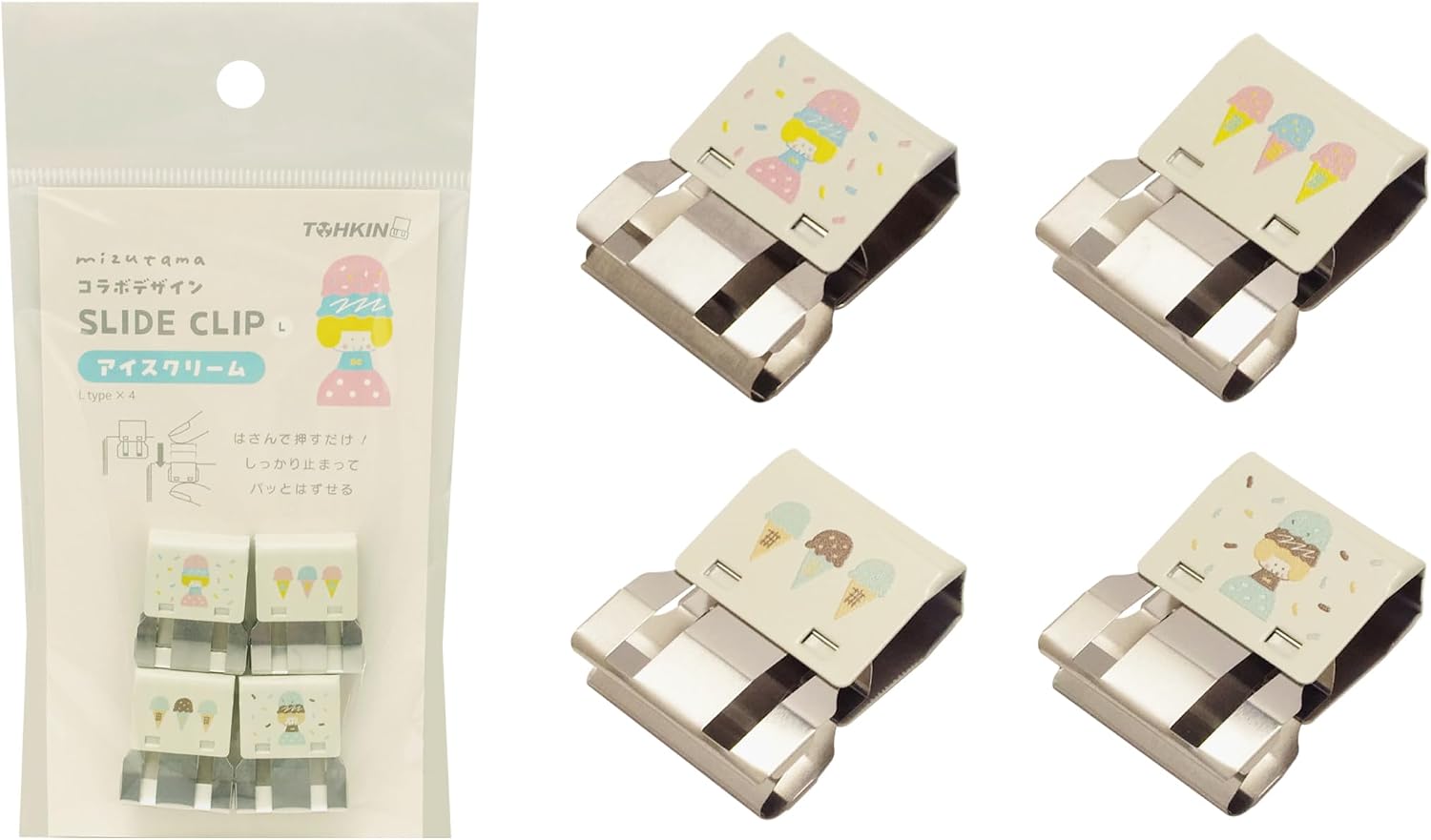 TOHKIN MZTSC-L4AI Mizutama Collaboration Design Slide Clips, Ice Cream, Large, Pack of 4