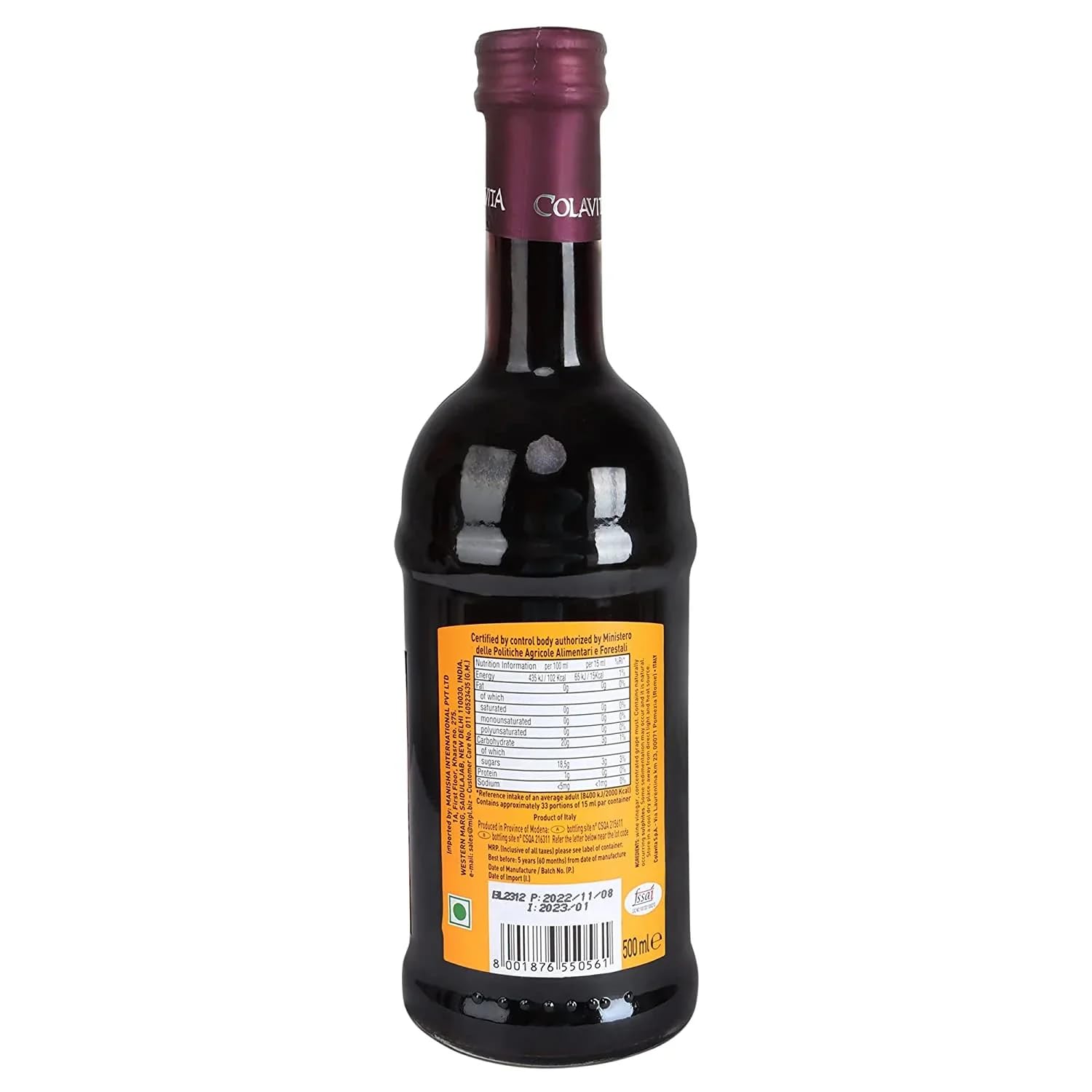 COLAVITA Vinagre balsámico de Módena IGP Vinagre Aceto Balsámico di Módena IGP Botella de cristal 6 x 500 ml + llavero Beni Culinari gratis