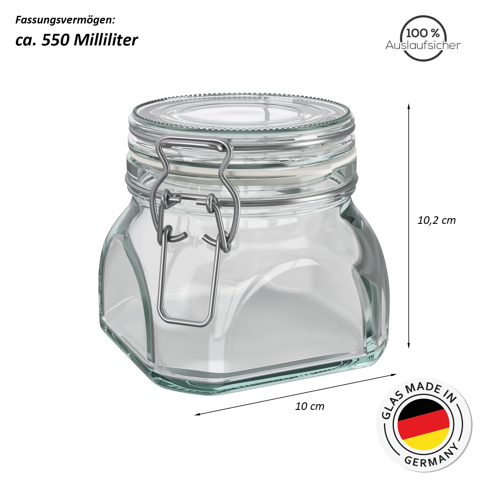 Wellgro Einmachglas mit Bügelverschluss - 550 ml Bügelverschlussglas - Glas Made in Germany - Menge und Farbe wählbar, Farbe:Weiß, Stückzahl:24 Stück