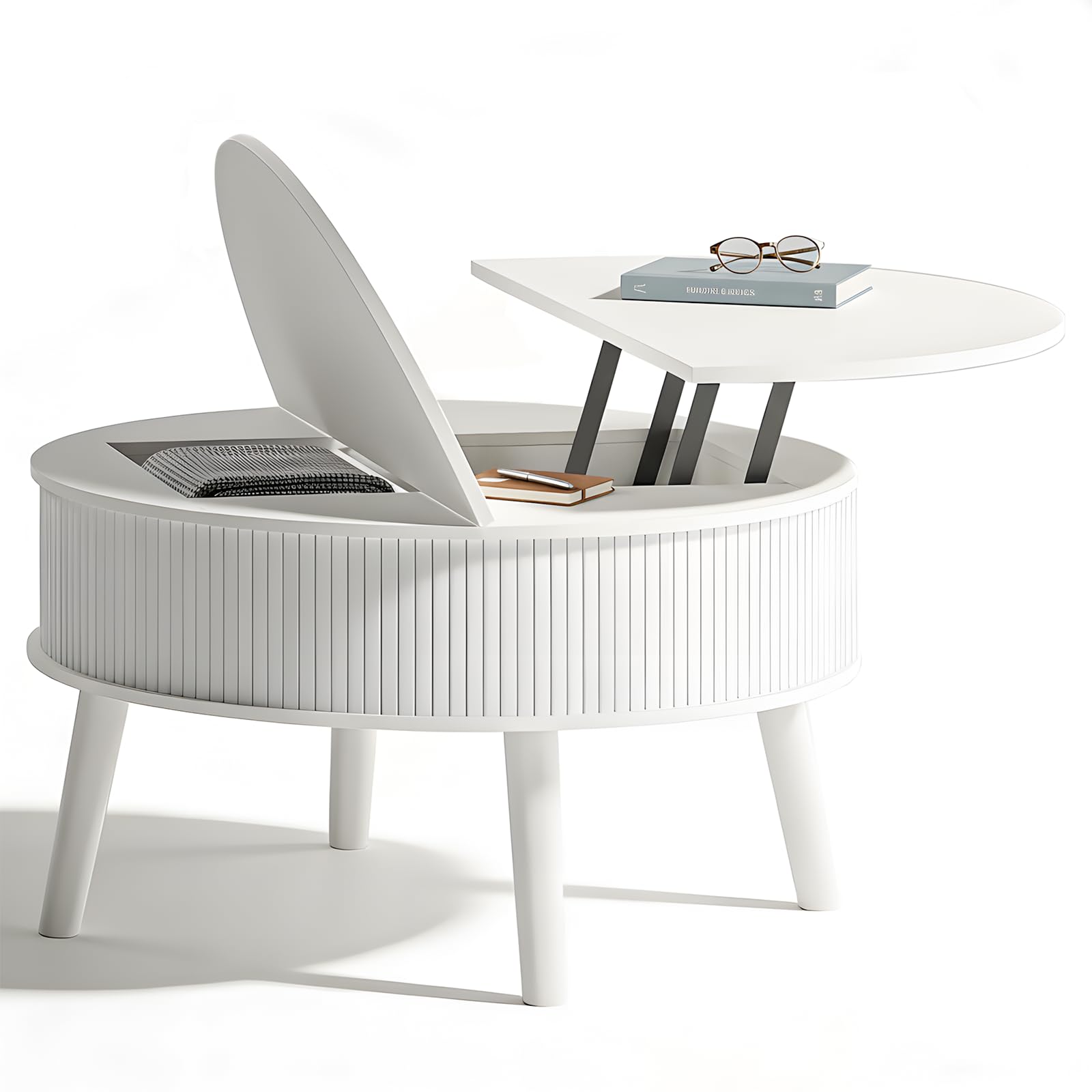 Mesa de Centro Redonda, Mesa Centro Salon con espacio de almacenamiento,Mesa de Café de estar en estilo moderno, con cajones, estanterías dobles y altura ajustable, Extensible y plegable,Color Blanco