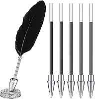Vista 7 de Bolígrafo de plumas y soporte para bolígrafo de metal vintage, tinta negra, pluma de plumas vintage con 5 piezas de repuesto para boda, firma