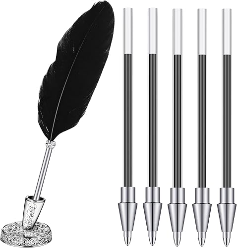 Miniatura 7 de Bolígrafo de plumas y soporte para bolígrafo de metal vintage, tinta negra, pluma de plumas vintage con 5 piezas de repuesto para boda, firma