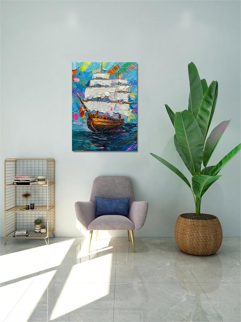 Boieesen Art,24x36Inch Colorful Hand Painted Sailboat Wall Art Abstract Seascape Artwork Sailing Ship Painting Nautical Home Wall Decor for Bedroom