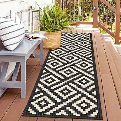 GENIMO Outdoor Rug 2.5'x8' Waterproof, Reversible Camping Mat, Plastic Straw Rugs for Patio, RV, Camper, Balcony, Backyard, Picnic, Deck (Black & Beige)