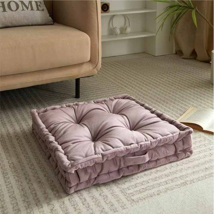Tufted Floor 22"x22" Pillow, Blush Pink Square Seat Pillow with Ruffled Edges, Soft Plush Meditation Cushion for Living Room, Bedroom, Dorm & Boho Home Décor