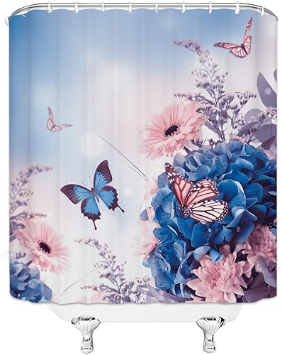 Miniatura 2 de Cortina de ducha con diseño de mariposas azules y rosas, flores salvajes, primavera, naturaleza, jardín, paisaje, sueño, tela de poliéster, juego de