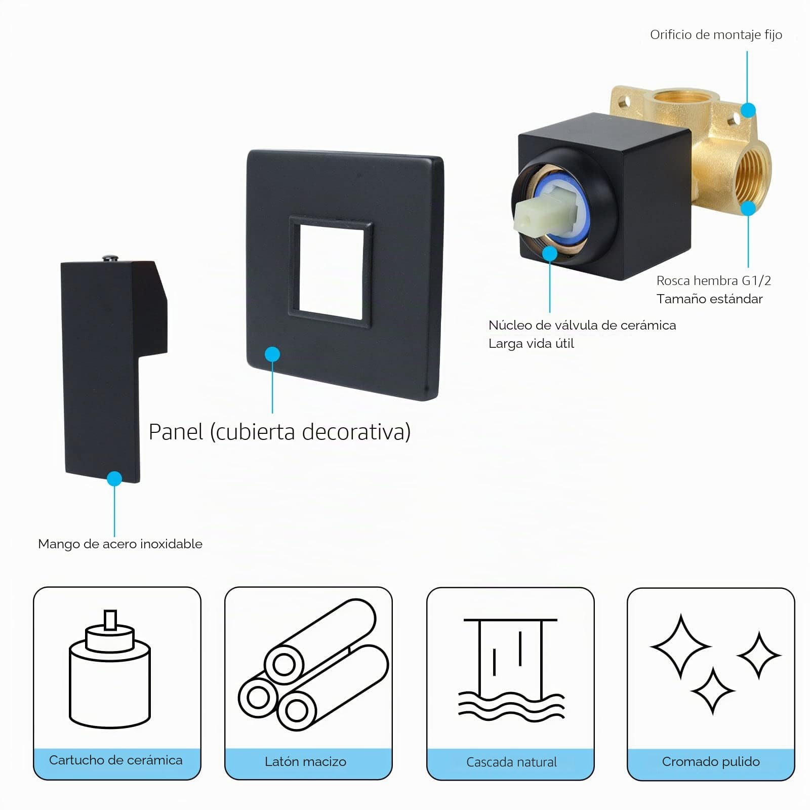 Grifo Lavabo Cascada Pared Empotrado Monomando 20cm Negro 4M3OK