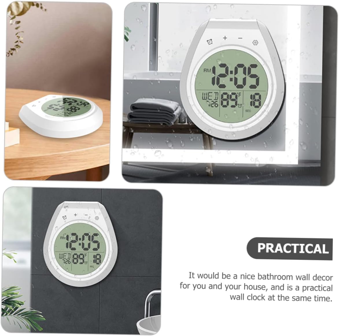 GARVALON Digital Bathroom Clock with Temperature Gauge Hanging Wall Clock for Shower Stylish Calendar Display Suction Cup Design for Easy Installation